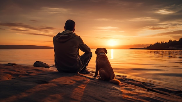 Man and dog sitting together on the beach at sunset