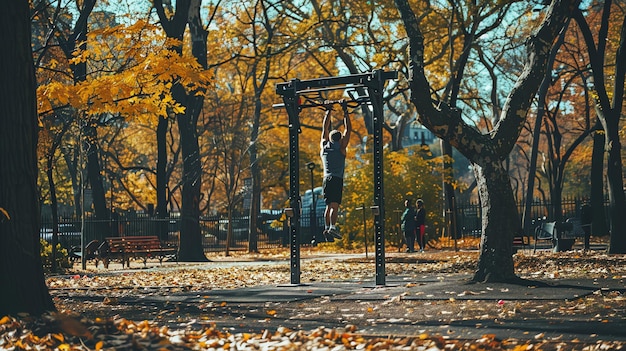 A man doing pullups in a park during the fall