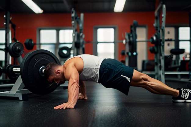 a man doing push ups in a gym with a barbell