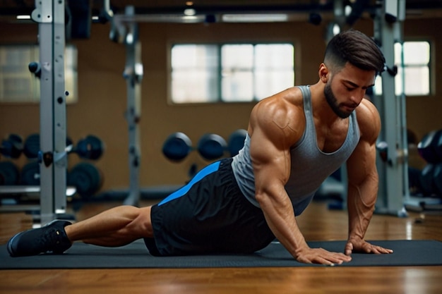 a man doing push ups in a gym with a barbell