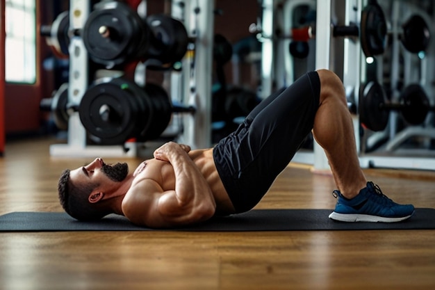 a man doing push ups in a gym with a barbell