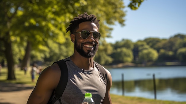 Man doing sports outside with water bottle in hand