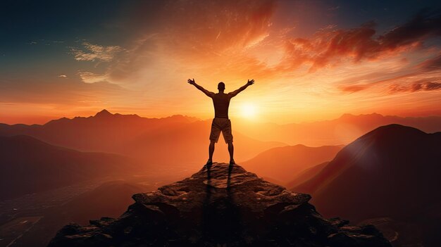 Man doing sunset exercise on mountain silhouette