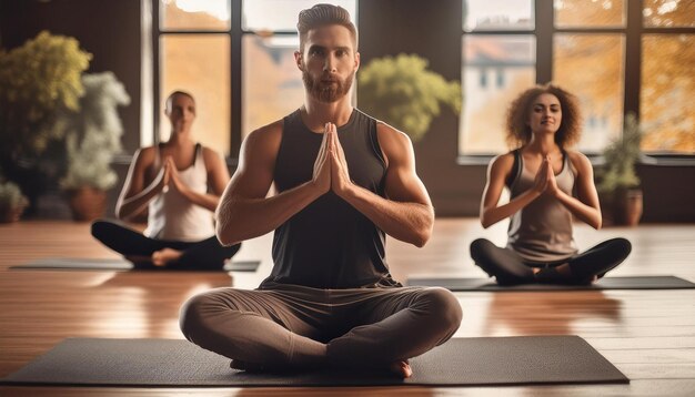 Photo a man doing yoga in front of a window with other people in the background