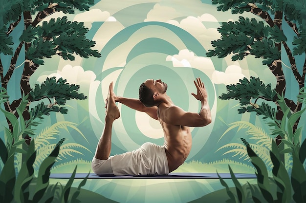 a man doing yoga in the jungle with palm trees in the background