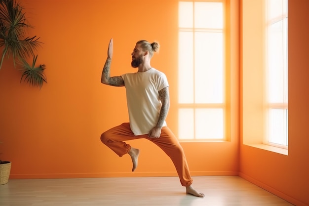 A man doing yoga in an orange room.