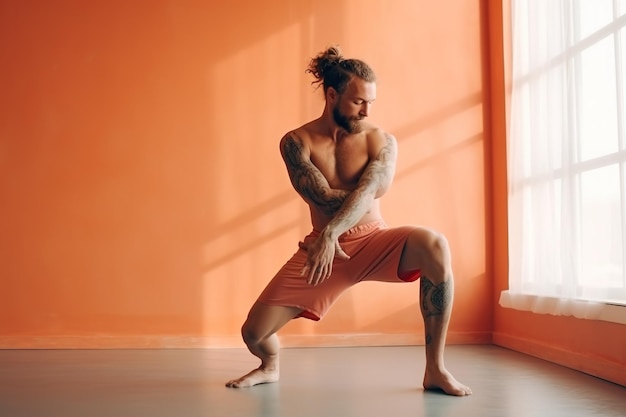 A man doing yoga in an orange room