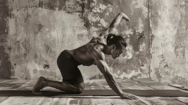 Photo a man doing a yoga pose with a picture of a man doing yoga