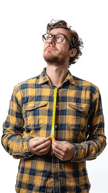 Photo man in doubt holding measuring tape