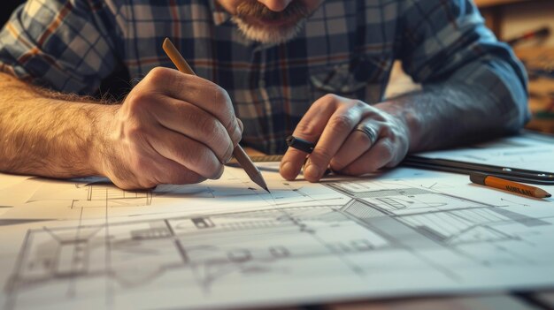 Man Drawing Detailed Plans With Pencil and Ruler