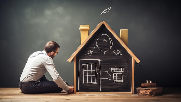 Man Drawing Family Home on Chalkboard