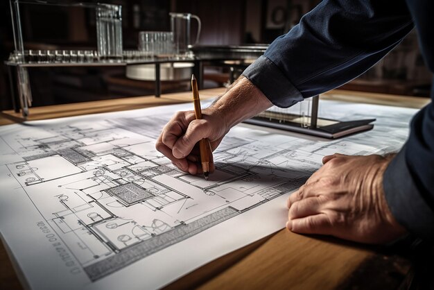 a man drawing a house on a drawing with a pencil