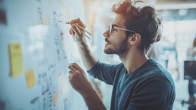 Photo a man drawing on a whiteboard during a brainstorming session