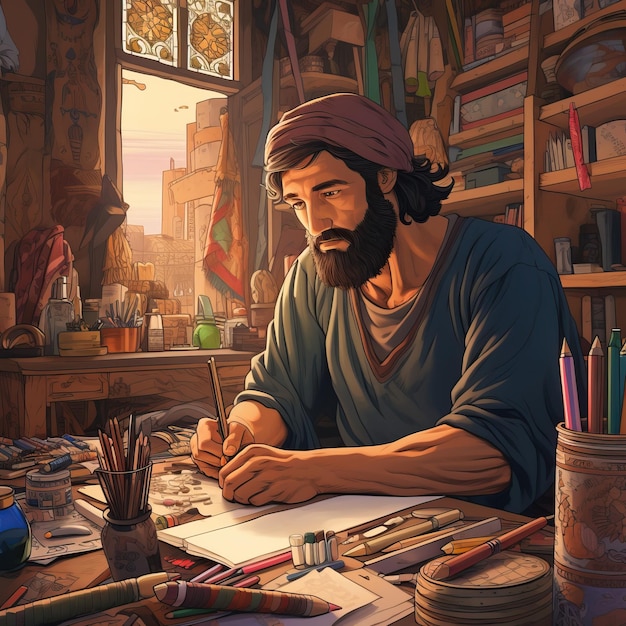 man drawing with pens and pencils in the style of painting and writing tools study place