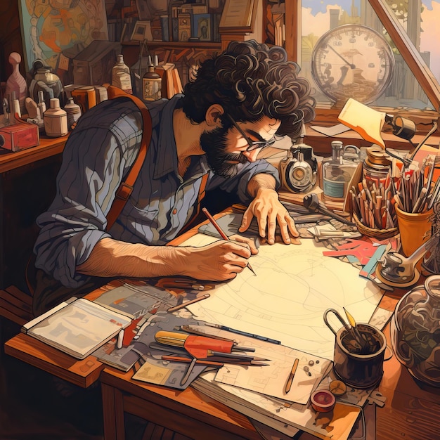 man drawing with pens and pencils in the style of painting and writing tools