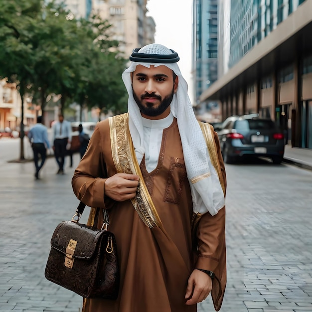 a man in a dress with a bag on his shoulder walks down the street