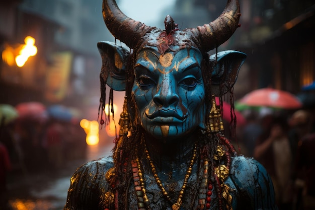 a man dressed as a blue demon with horns on his head