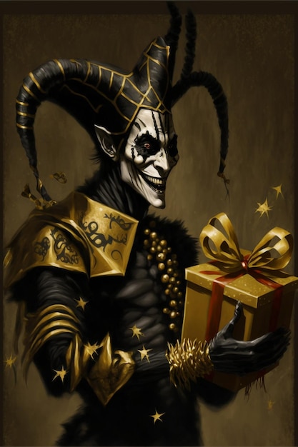 Man dressed as a jester holding a gift generative ai