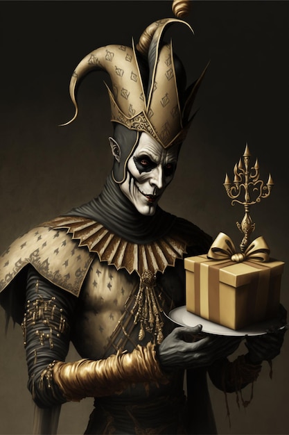 Man dressed as a jester holding a gift generative ai