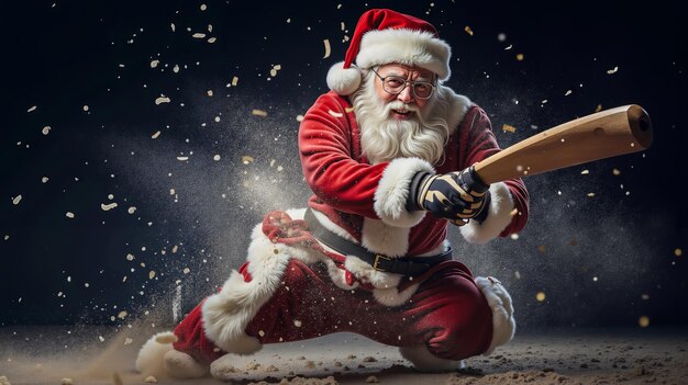 Photo a man dressed as santa claus holding a baseball bat in the sand