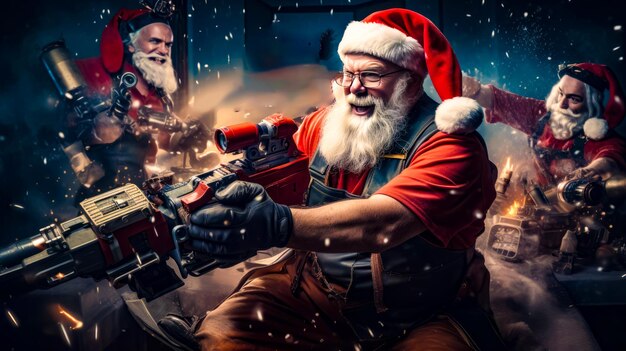 Man dressed as santa claus holding machine gun in front of christmas scene Generative AI