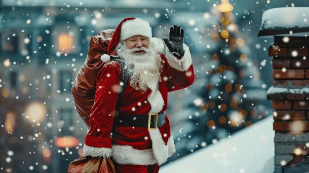 A man dressed as Santa Claus is waving to the camera while holding a bag