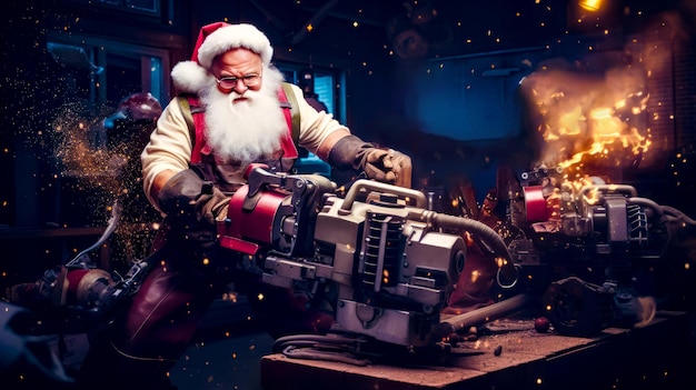 Man dressed as santa claus is working on machine in shop Generative AI