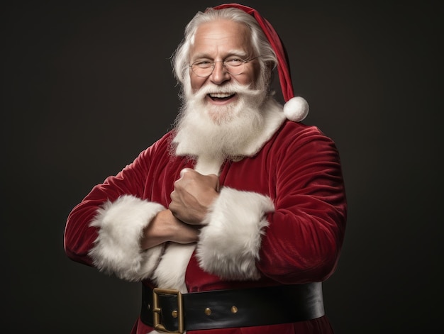 Man dressed as Santa Claus in playful pose on solid background