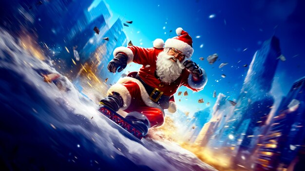 Man dressed as santa claus riding snowboard down snow covered slope Generative AI