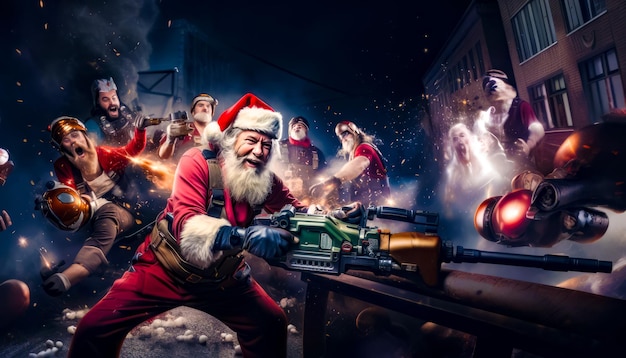 Man dressed as santa claus shooting machine gun at group of people Generative AI