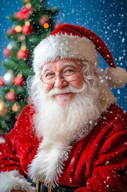 A man dressed as Santa Claus sitting in front of a Christmas tree