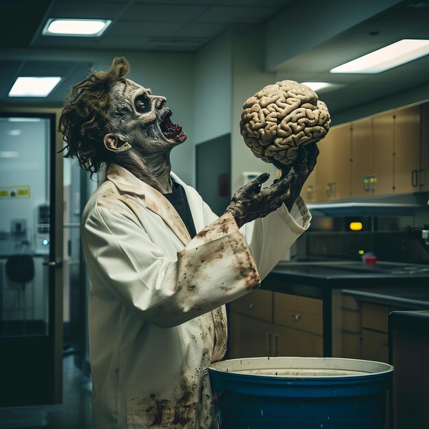 Photo man dressed as zombie holds brain in eerie photograph