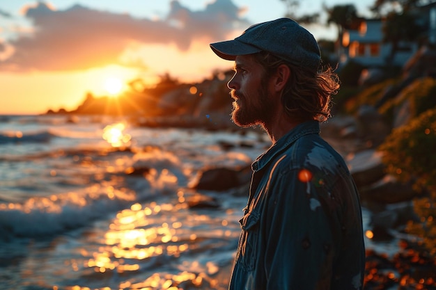 a man dressed in a blue shirt and blue cap watches the sun setting over the beach