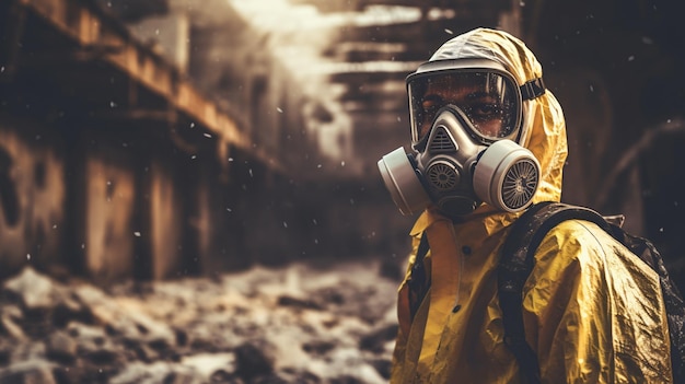 Man dressed in chemical protection suit in the ruins