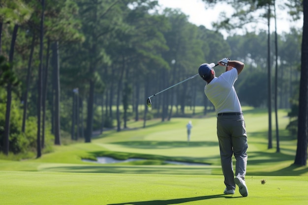 A man dressed in golf attire expertly swings a golf club on a wellmanicured golf course A golfer analyzing the fairway before the tee shot AI Generated