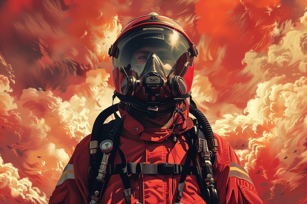 Man dressed in red space suit stands in front of vivid red sky international firefighters day