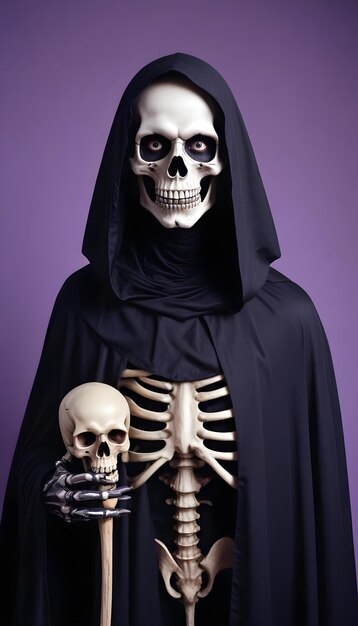 Photo man dressed in scary halloween costume studio portrait of mr death with skeleton skull makeup on fa