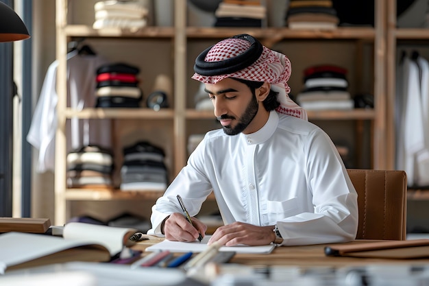 The man dressed in traditional Arab attire sits at a desk overlooking a stunning cityscape of tall g