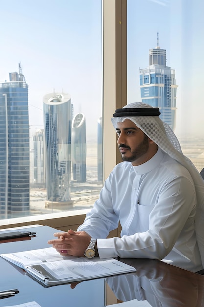 The man dressed in traditional Arab attire sits at a desk overlooking a stunning cityscape of tall g