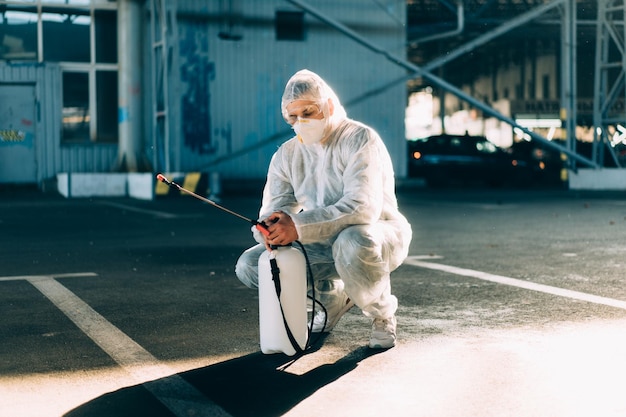 Man dressed white protective overalls