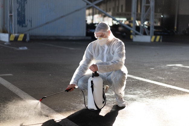 Man dressed white protective overalls