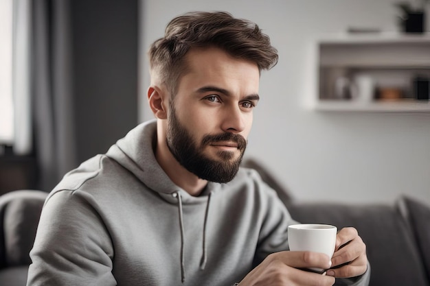 man drinking hot tea at home