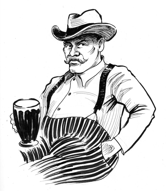 Man drinking a mug of beer. Ink black and white drawing