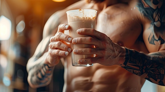 Photo a man drinks a protein shake selective focus