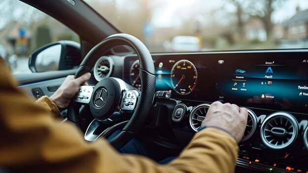 a man drives a car with the logo on the dashboard