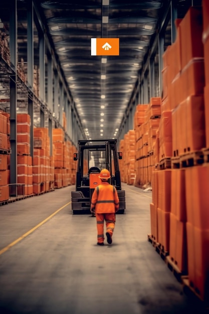 man driving a forklift through a warehouse in a factory driver in uniform and protec Generative AI