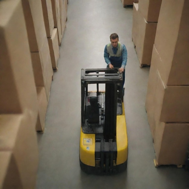 Photo man driving a forklift through a warehouse filled with boxes