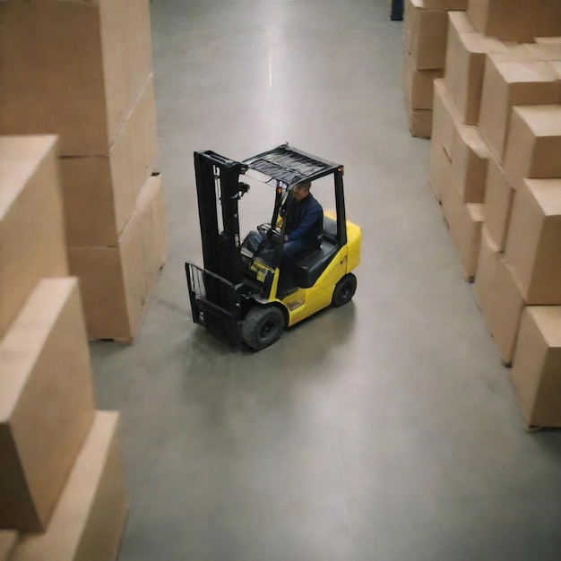 Photo man driving a forklift through a warehouse filled with boxes