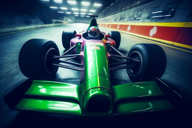 Man driving green race car on top of track in tunnel Generative AI