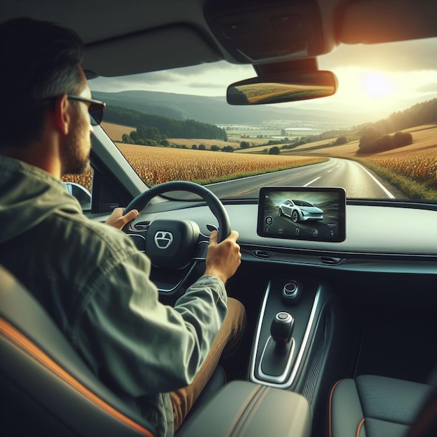 man driving modern electric car in countryroad view from rear seat car interior sun beams sunset